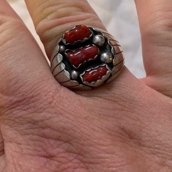 Red Coral & Silver Navajo Style Men's Size 12 Ring - Picture 1 of 6